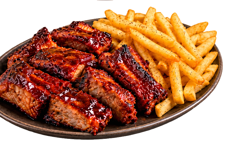 Costillas Ribs BBQ con papas fritas
